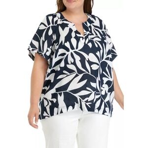 Elie Elie Tahari Woman 1X Blue White Palm Print 100% Linen Tunic Resortwear Boho